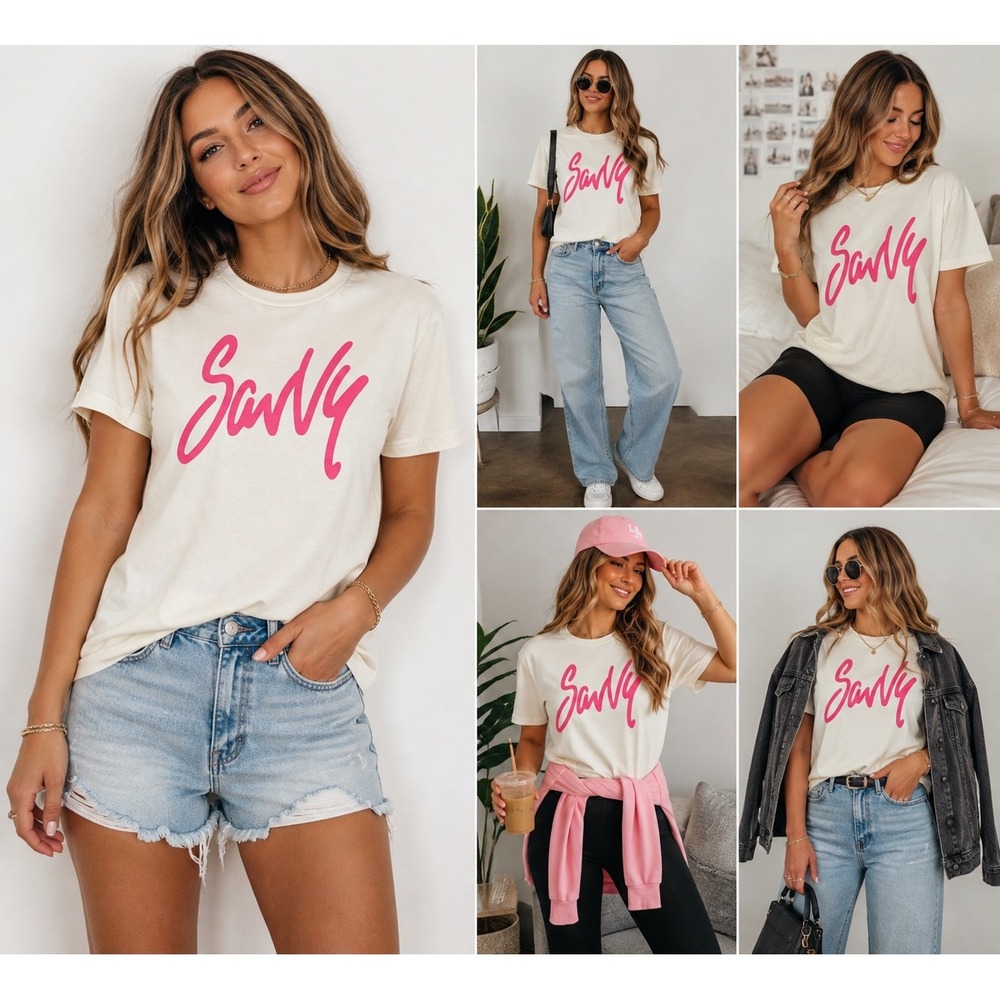 Next Level Savvy Graphic Tee Womens S Cream Cotton Pink Script Short Sleeve Y2K